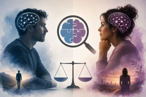 Illustration showing adult ADHD affects men and women differently with brain imagery and balance scale