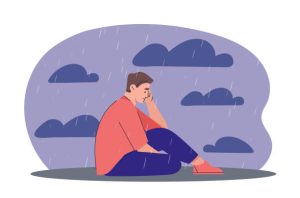 Illustration of a person sitting alone in the rain representing grief and emotional avoidance